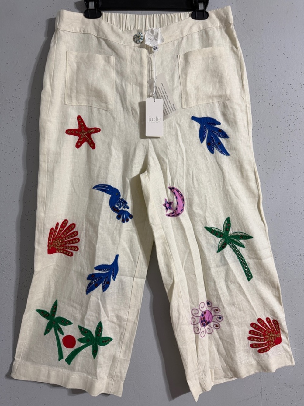 NWT Johnny Was Linen Wide Legged Pants with Colorful Tropical Appliqués